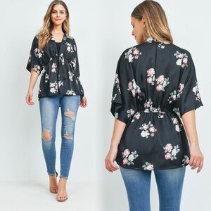 Elegant Floral Kimono Sleeve Blouse - Black